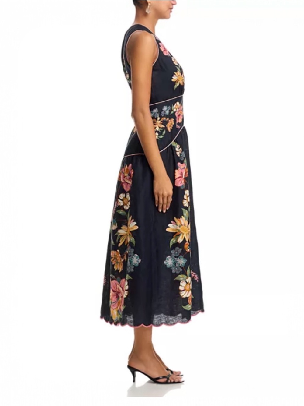 Farm Rio Dark Blue Maira Floral Premium Linen Scalloped Hem Midi Dress  XL - Picture 4 of 12